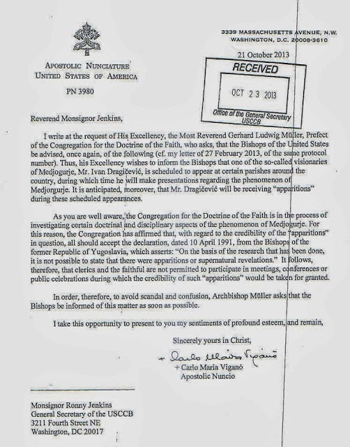 Nuncio Letter to Us Bishops - Medjugorje